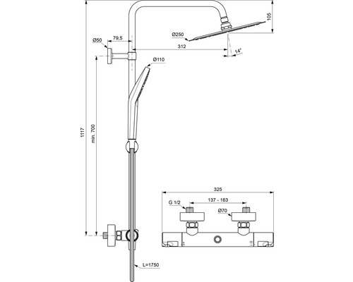 Dessin technique d''un robinet de douche avec douchette de tête et douchette à main et indications de dimensions