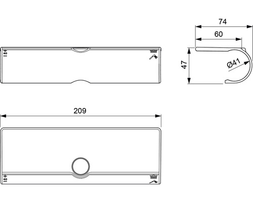 Dessin technique d''un système d''étagère de douche avec dimensions