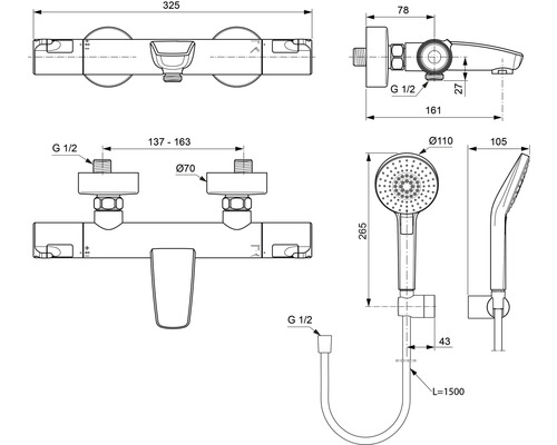 Schéma technique d''un robinet de douche avec douchette et indications de dimensions