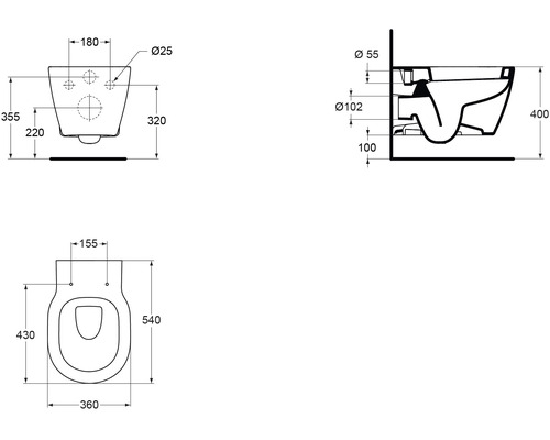 Schéma technique d''un WC suspendu avec dimensions