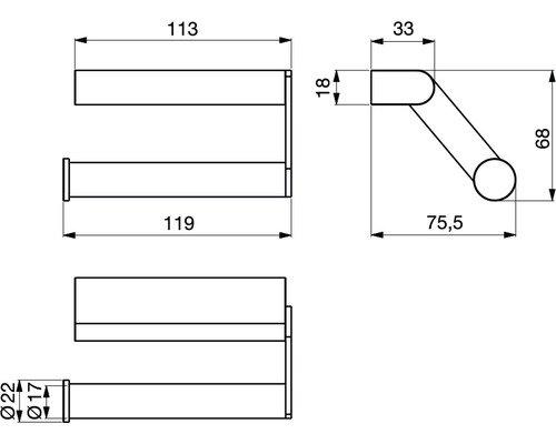 Schéma technique d''un porte-papier toilette avec dimensions