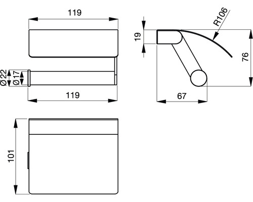 Technische Zeichnung eines Toilettenpapierhalters mit Maßangaben