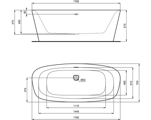 Technische Zeichnung einer Badewanne mit Maßangaben