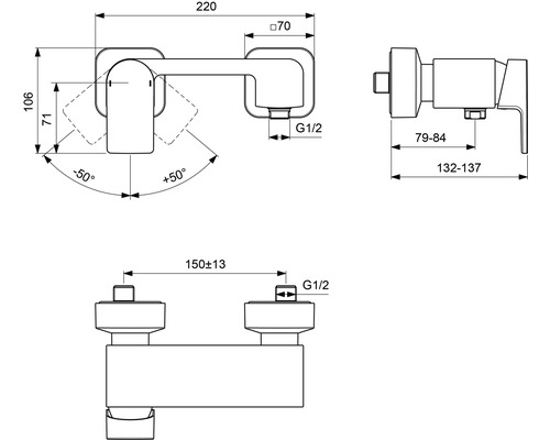 Technische Zeichnung einer Armatur mit Maßangaben