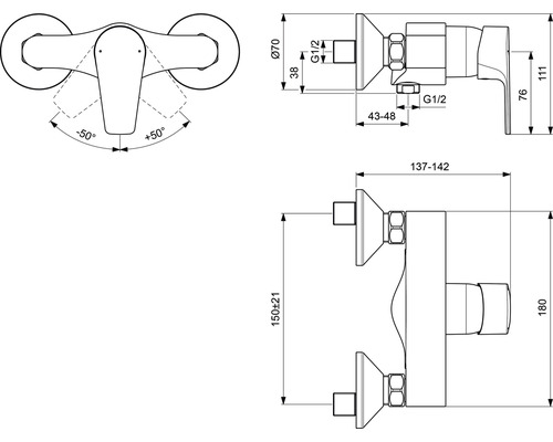 Technische Zeichnung einer Armatur mit Maßangaben