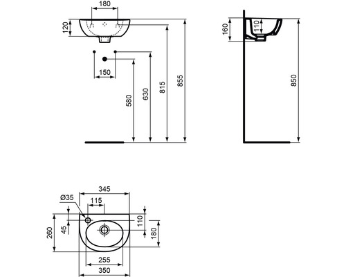 Schéma technique d''un lavabo avec dimensions