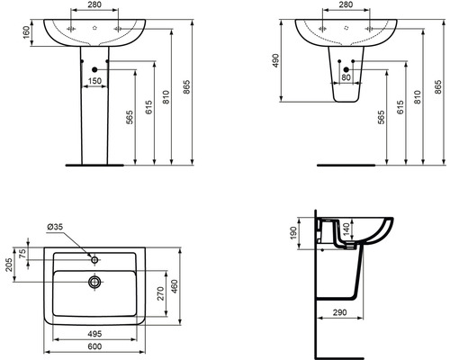 Technische Zeichnung eines Standwaschbeckens mit Maßangaben.