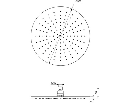 Technische Zeichnung eines Duschkopfs mit Maßangaben