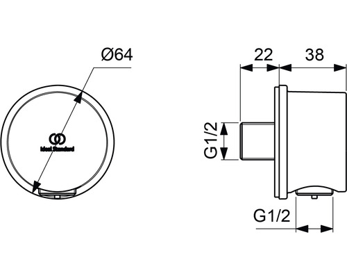 Technische Zeichnung eines Badezimmerartikels mit Maßangaben und Ideal Standard Logo.