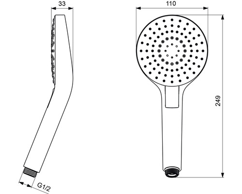 Technische Zeichnung eines Duschkopfs mit Maßangaben