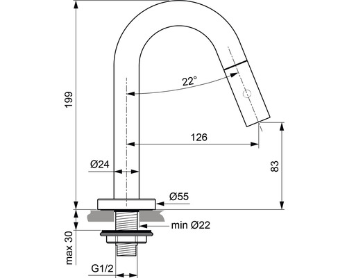 Technische Zeichnung einer Armatur mit Maßen.