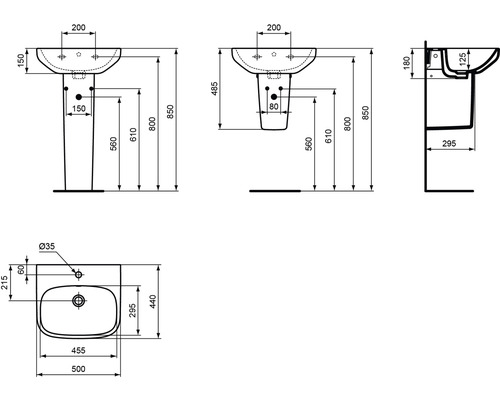 Schéma technique d''un lavabo avec dimensions