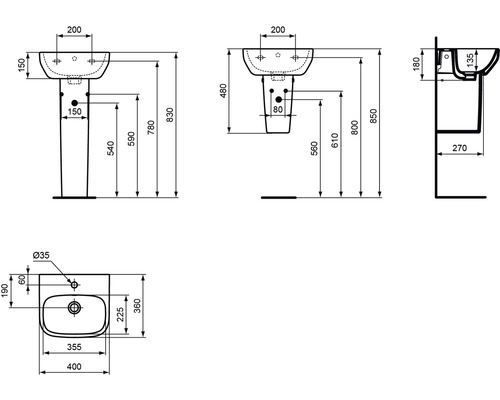 Technische Zeichnung eines Waschtisches mit Maßen