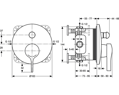 Technische Zeichnung einer Armatur mit Maßangaben