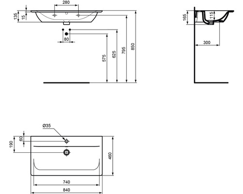 Schéma technique d''un lavabo avec dimensions.