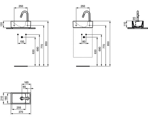 Technische Zeichnung eines Aufsatzwaschbeckens mit Abmessungen