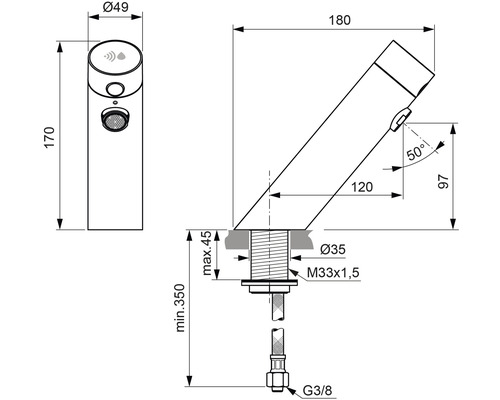 Technische Zeichnung eines Wasserhahns mit Maßangaben