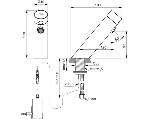 Technische Zeichnung einer Armatur mit Maßangaben