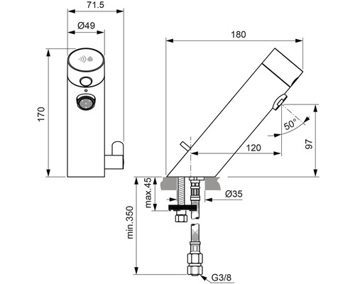 Maßzeichnung für eine Armatur mit den Maßen Höhe 170 mm, Breite 71,5 mm und Durchmesser 49 mm