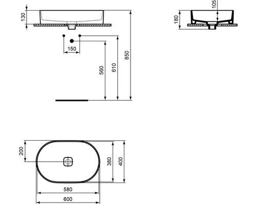 Schéma technique d''un lavabo à poser avec indications de dimensions