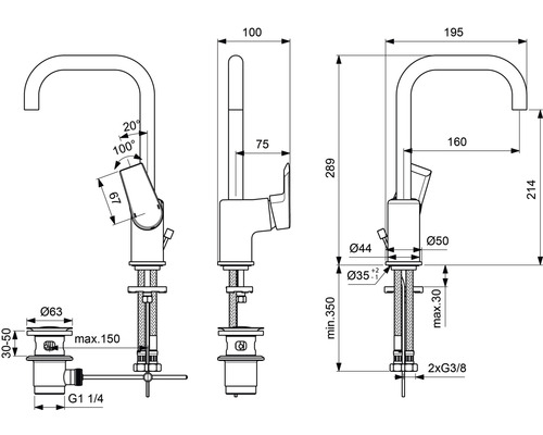 Technische Zeichnung einer Armatur mit Maßangaben