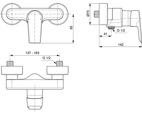 Technische Zeichnung einer Armatur mit Maßangaben