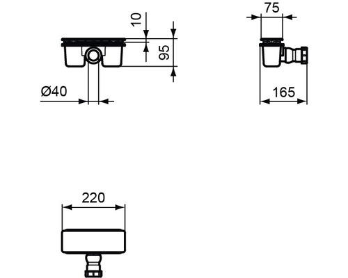 Technische Zeichnung eines Bodenablaufs mit Maßangaben