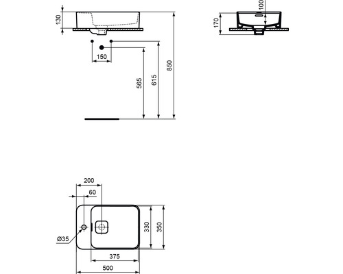 Technische Zeichnung eines Waschbeckens mit Maßen.