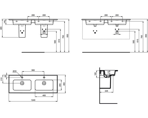 Schéma coté d''un lavabo double avec dimensions
