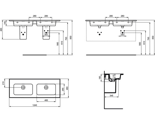 Technische Zeichnung eines Waschtischunterschranks mit Doppelwaschbecken und Maßen.