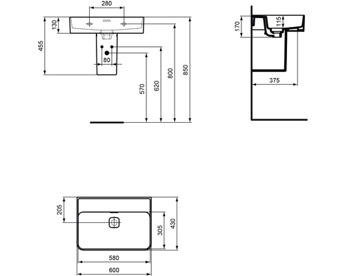 Technische Zeichnung eines Waschtischs mit Maßen