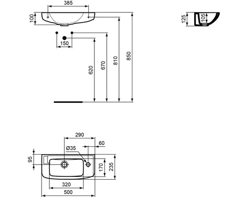 Schéma technique d''un lavabo avec dimensions