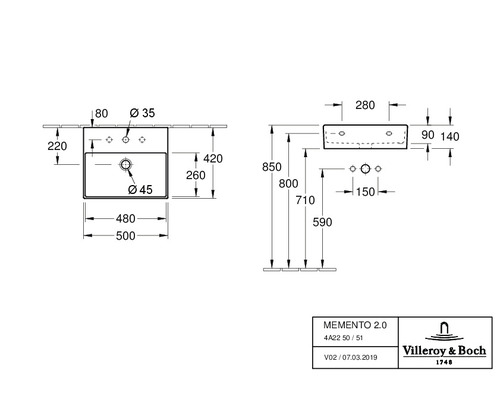 Schéma technique du lavabo avec dimensions