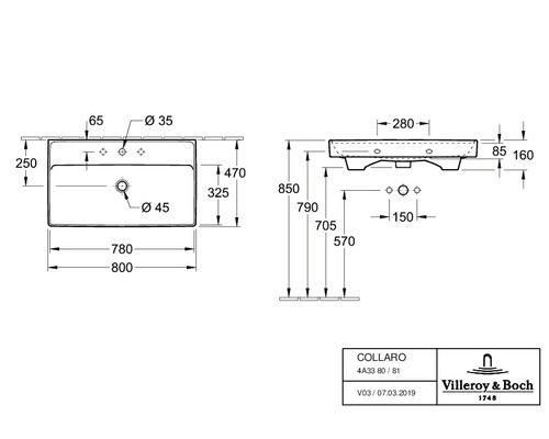 Dessin technique du lavabo Collardo avec dimensions
