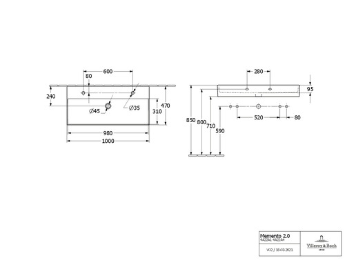 Maßzeichnung des Villeroy & Boch Memento 2.0 Waschtisches