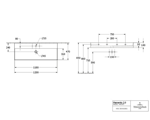 Schéma technique du lavabo avec dimensions