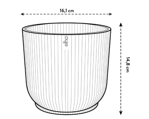 Schéma d''un pot de fleurs Elho avec des dimensions de 16,1 cm de largeur et 14,8 cm de hauteur