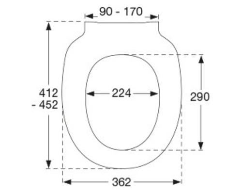 Technische Zeichnung eines Toilettensitzes mit Maßangaben