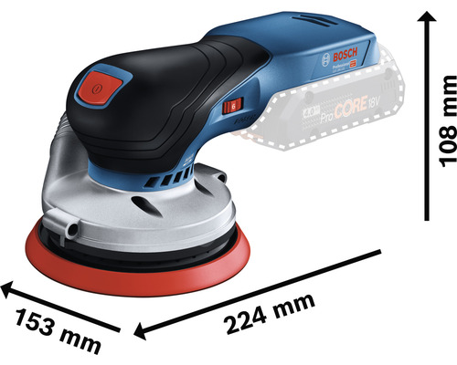 Ponceuse excentrique Bosch avec des dimensions de 224 mm de longueur, 153 mm de largeur et 108 mm de hauteur