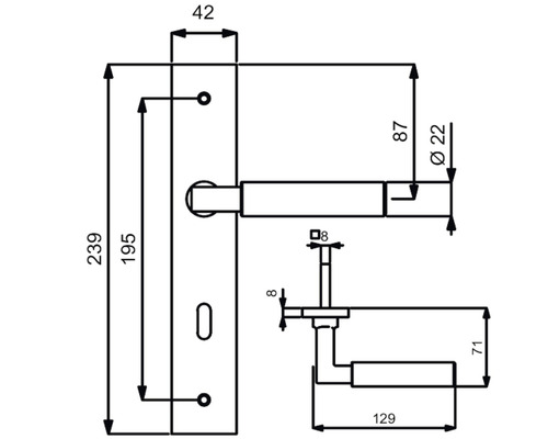 Technische Zeichnung eines Türdrückers mit Maßen