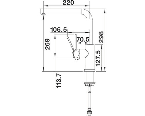 Schéma technique d''un robinet de cuisine avec indications de dimensions