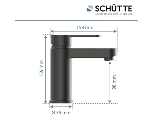 Schütte Armaturen und Brausen seit 1976 Logo, Abmessungen Waschtischarmatur
