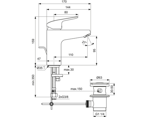 Schéma coté Robinet de lavabo avec garniture de vidage