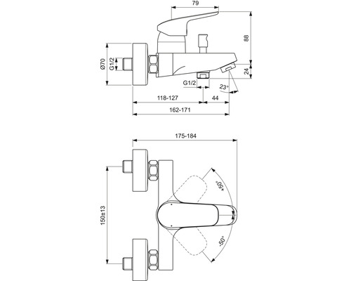 Technische Zeichnung einer Mischbatterie mit Maßangaben