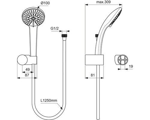 Technische Zeichnung eines Duschkopfes mit Schlauch und Halterung, inklusive Maßangaben