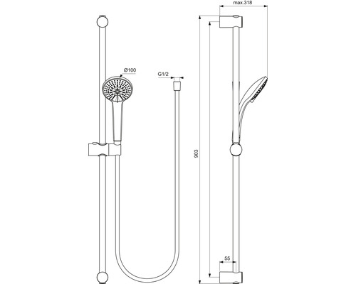 Schéma technique d''un ensemble de barres de douche avec douchette et flexible, dimensions incluses