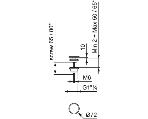 Technische Zeichnung eines Ablaufventils mit Größenangaben