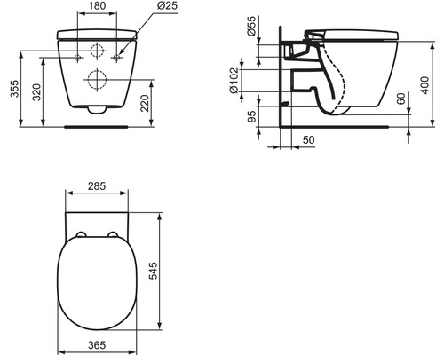 Schéma technique d''un WC suspendu avec dimensions