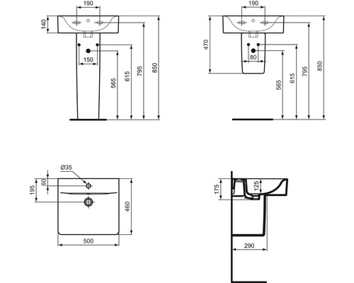 Technische Zeichnung eines Waschtischs mit Maßen