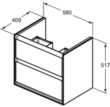 Dessin d''un meuble sous-lavabo avec les dimensions 409, 580 et 517 millimètres.